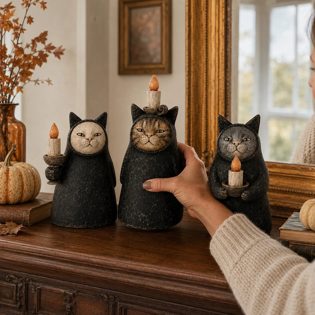 3-Piece Mysterious Hooded Cat Candlelight Figurine