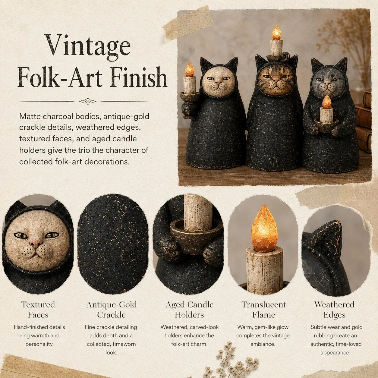 3-Piece Mysterious Hooded Cat Candlelight Figurine