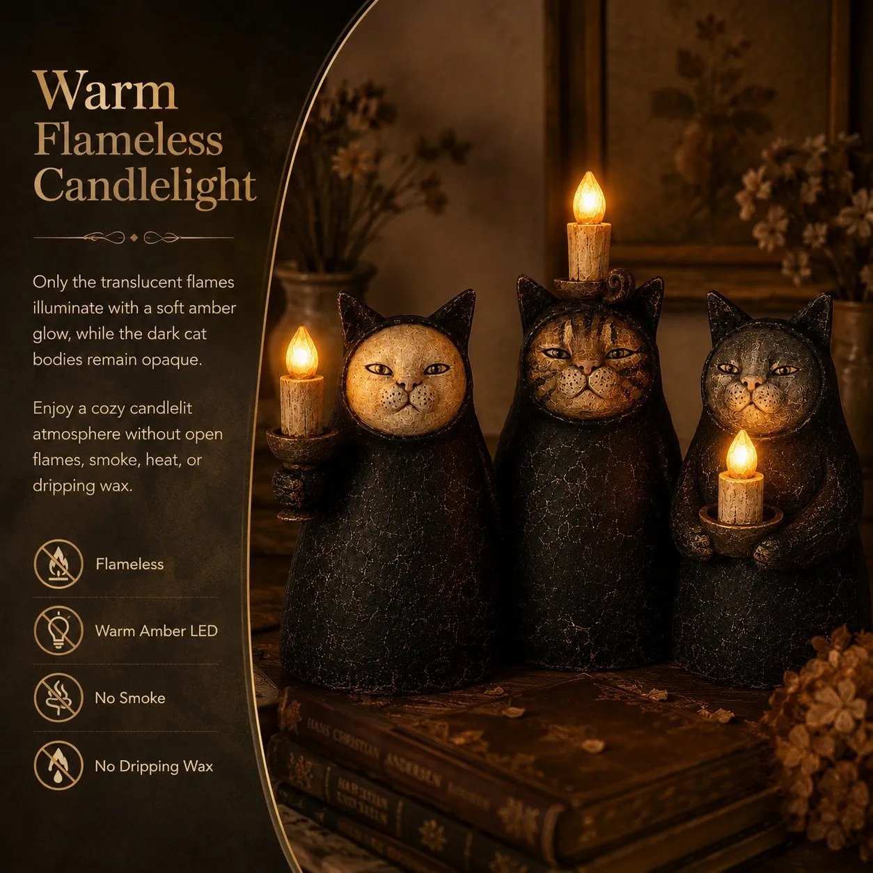 3-Piece Mysterious Hooded Cat Candlelight Figurine
