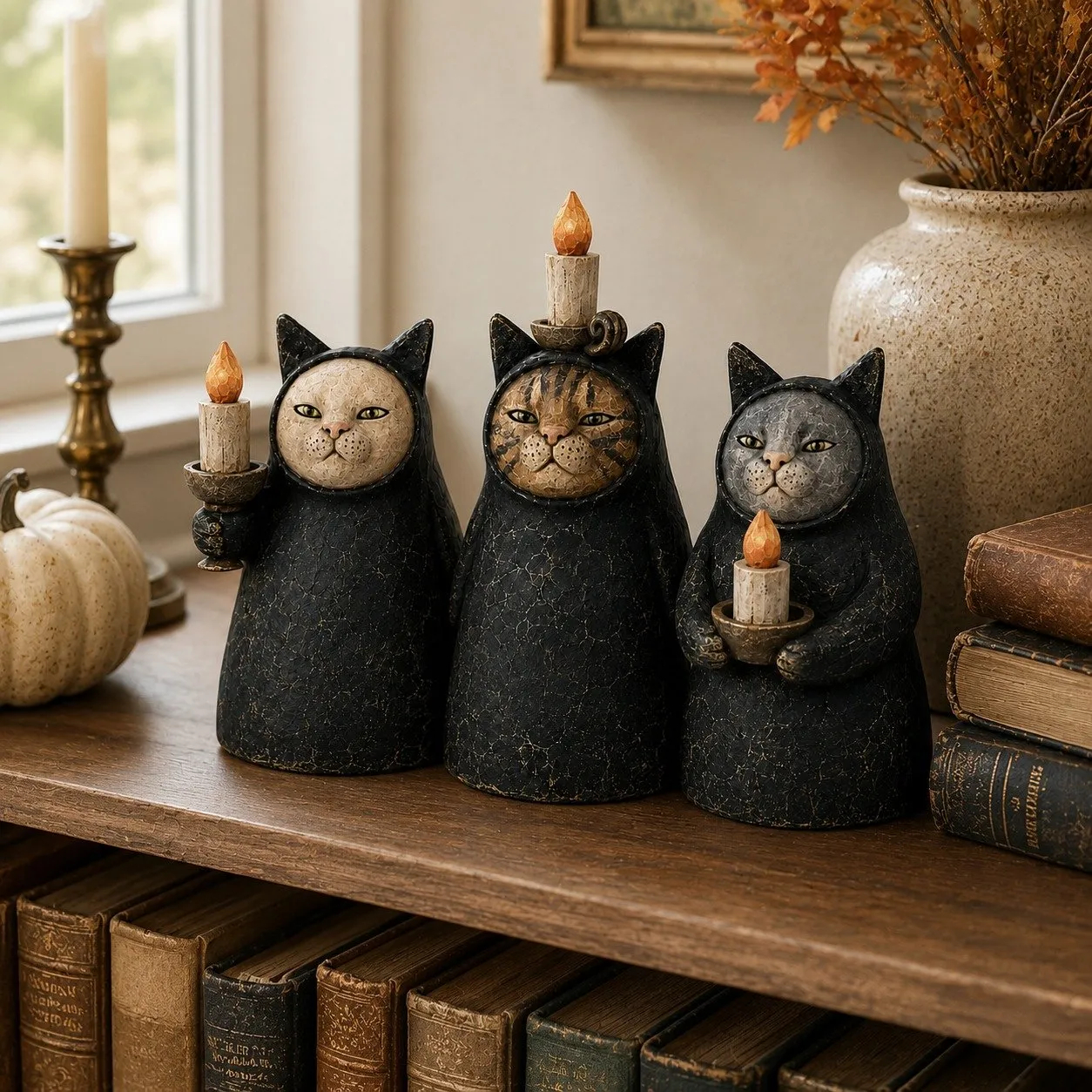 3-Piece Mysterious Hooded Cat Candlelight Figurine