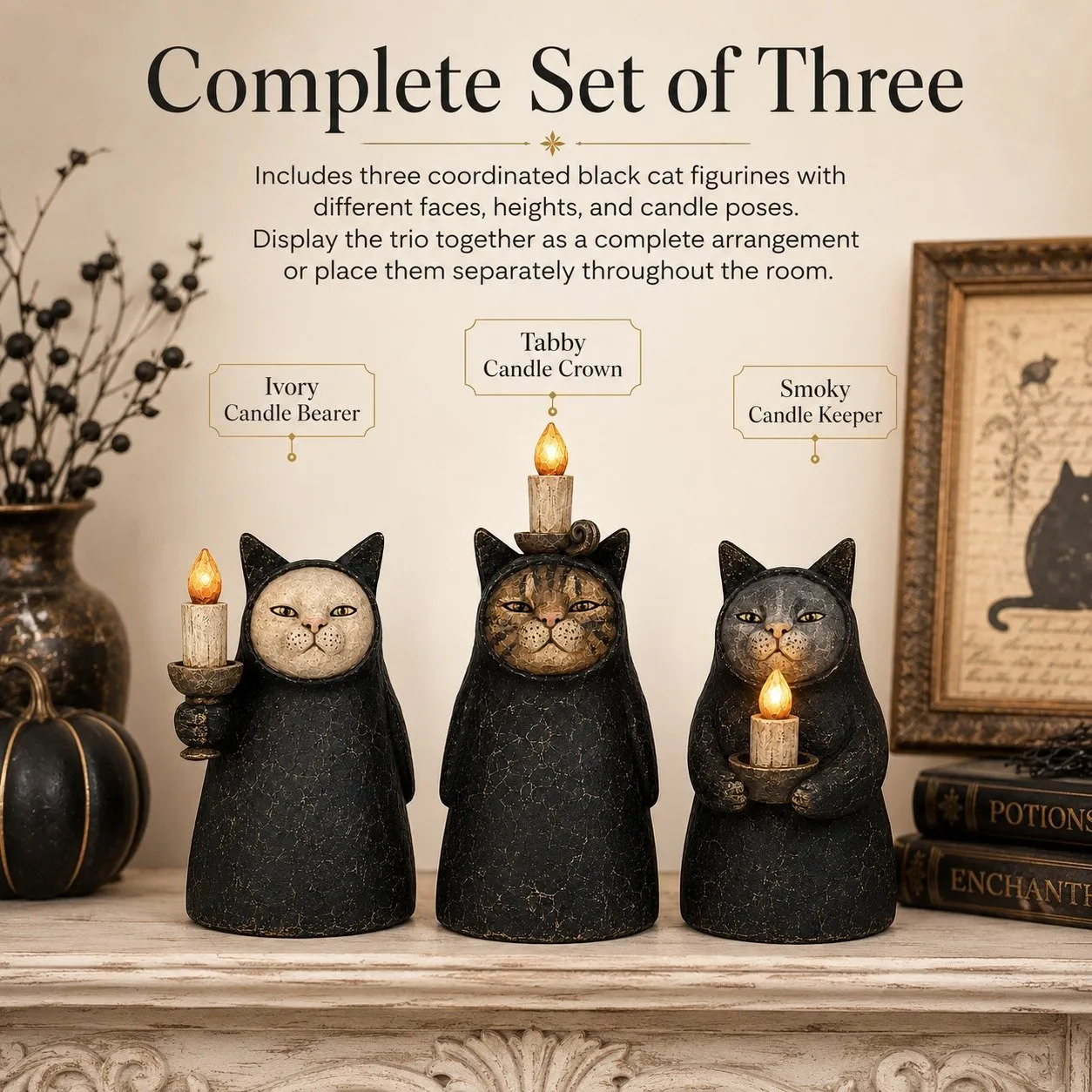 3-Piece Mysterious Hooded Cat Candlelight Figurine
