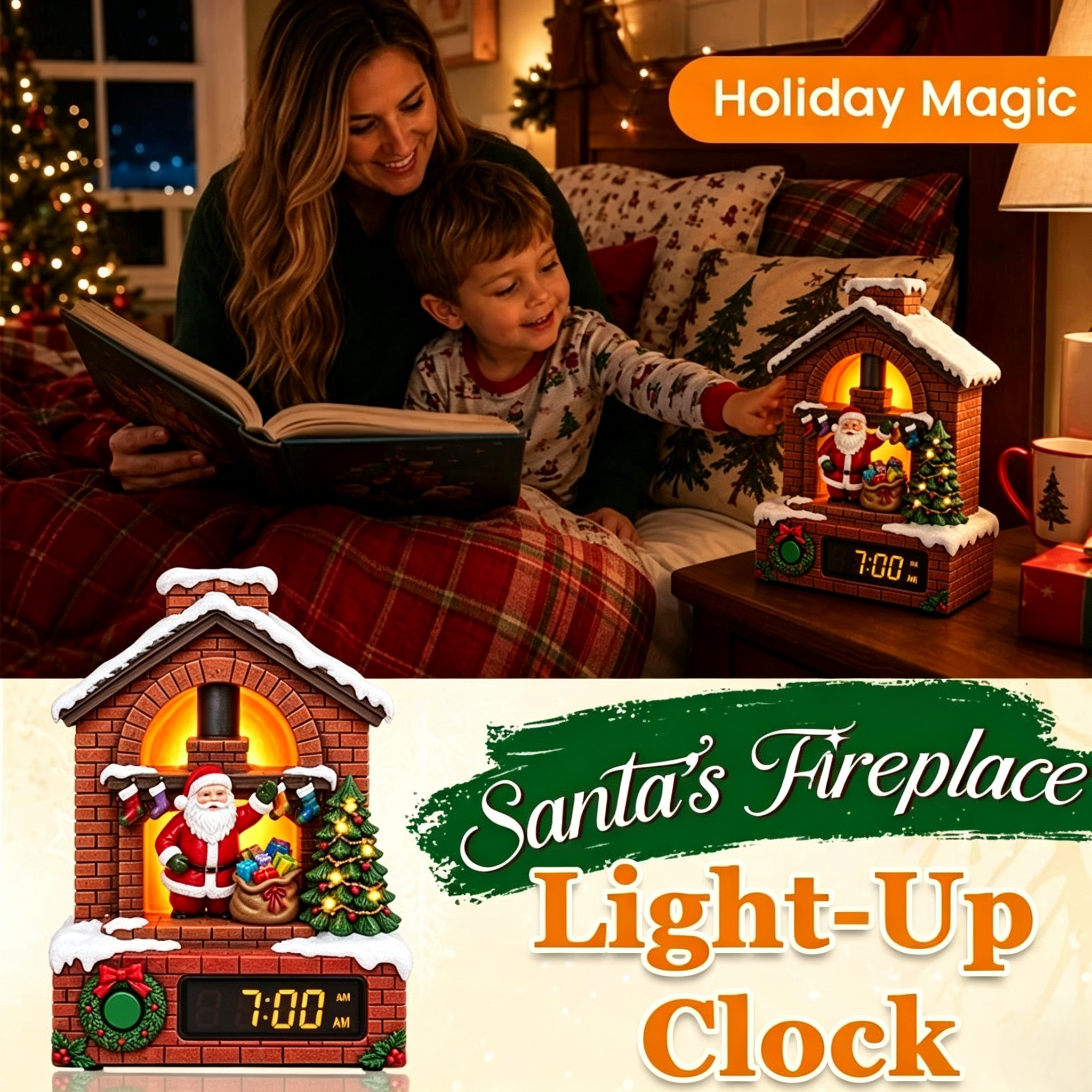🎅 Santa Fireplace Light‑Up Christmas Alarm Clock