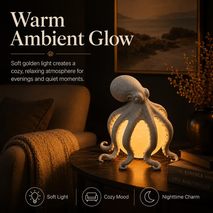 🐙 Textured Octopus Sculpture Table Lamp | Coastal Ocean Themed Warm Glow Accent Night Light