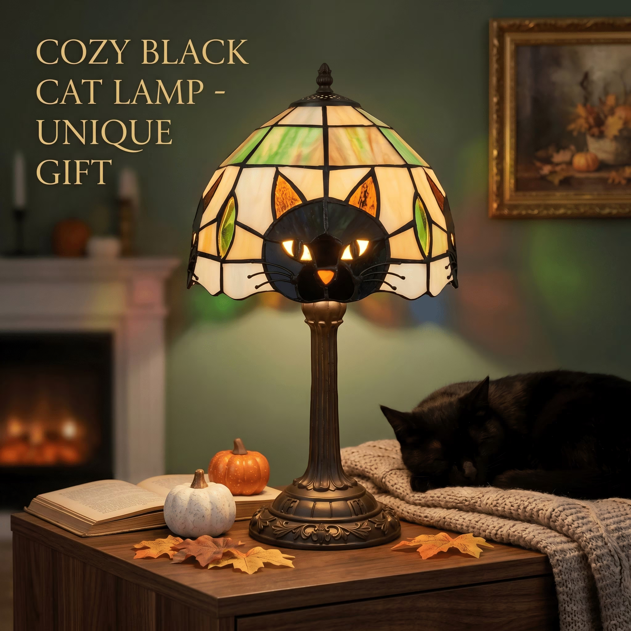 🐈‍⬛ Stained Glass Black Cat Halloween Table Lamp
