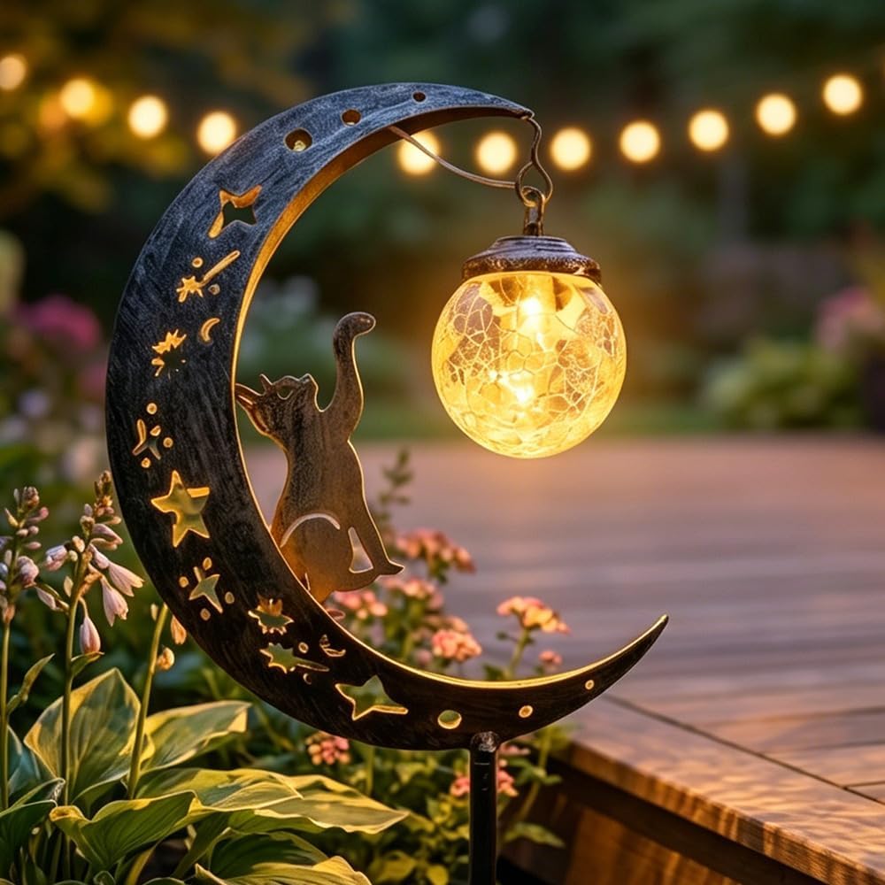 🌙 Crescent Moon Hummingbird Solar Garden Stake Light | Vintage Crackle Glass Outdoor Pathway Lamp