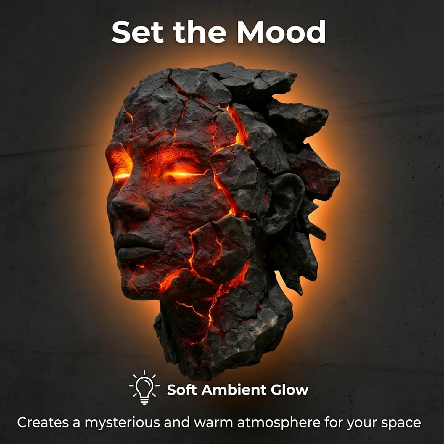 🔥 Cracked Lava Rock Human Face Wall Lamp | Broken Soul Glowing Wall Sculpture Light