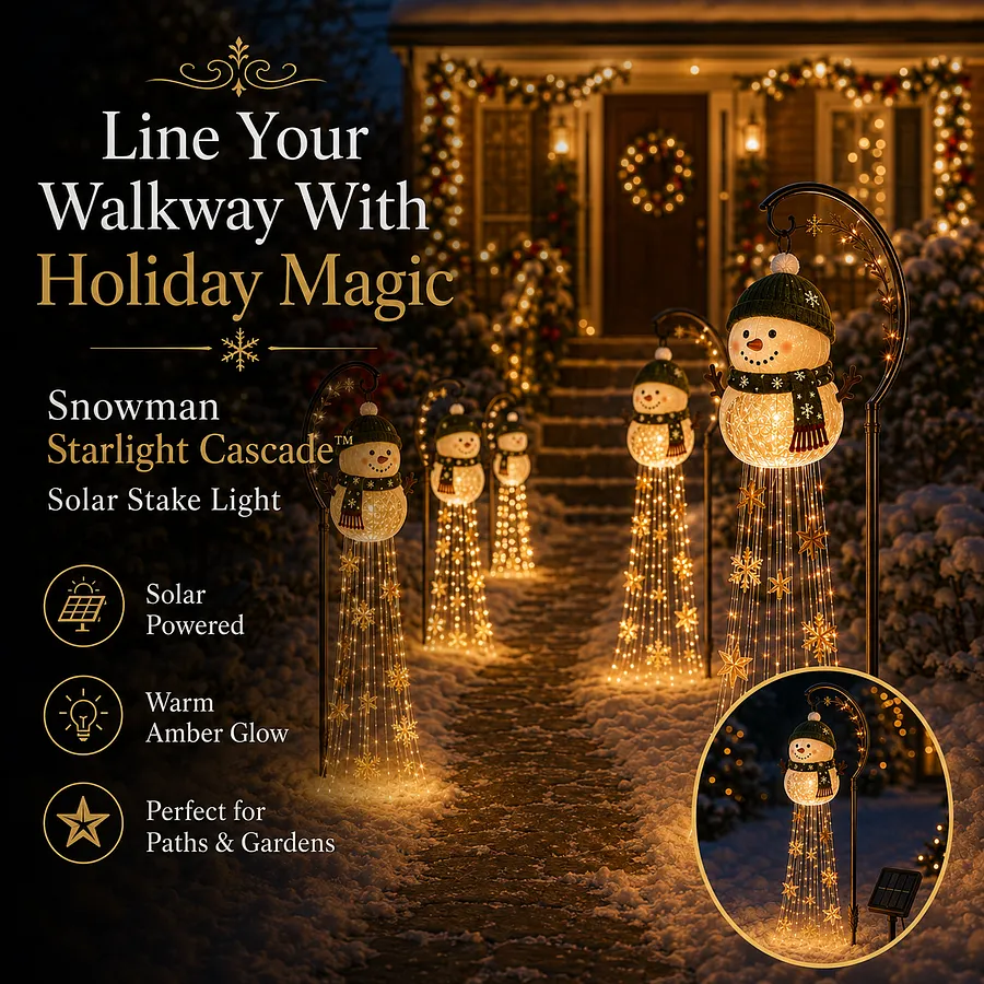 Snowman Christmas lights lining a winter walkway