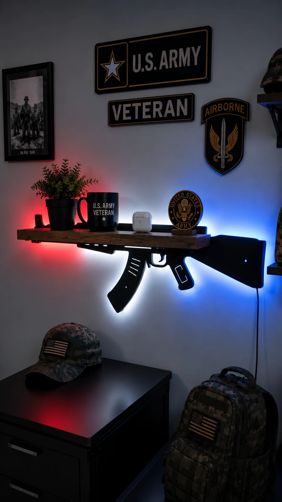 🔫 Rifle‑Shaped LED Backlit Wall Display Shelf