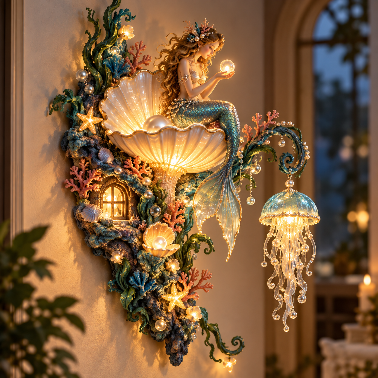 Mermaid Pearl Wall Light in an ocean-inspired room setting