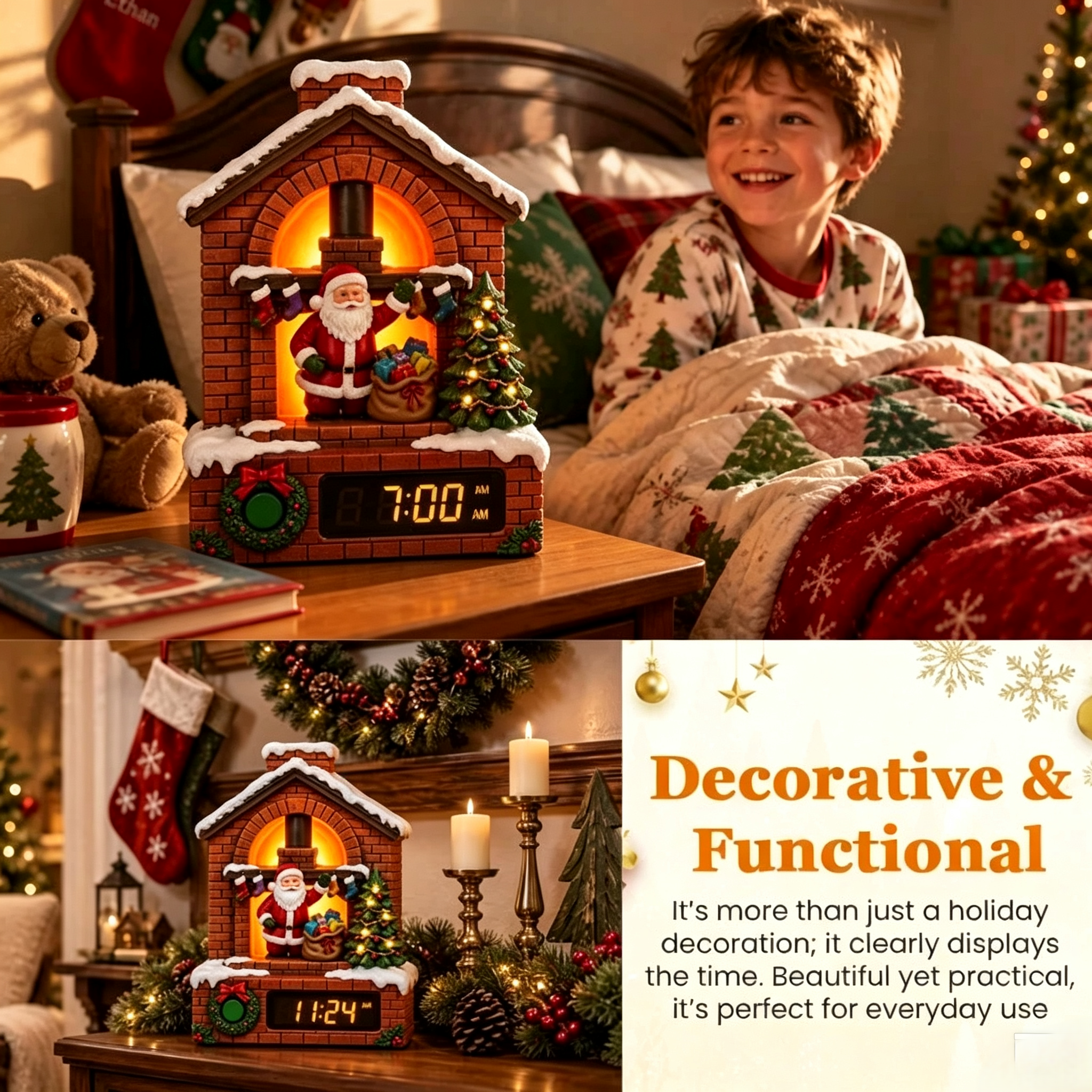 🎅 Santa Fireplace Light‑Up Christmas Alarm Clock