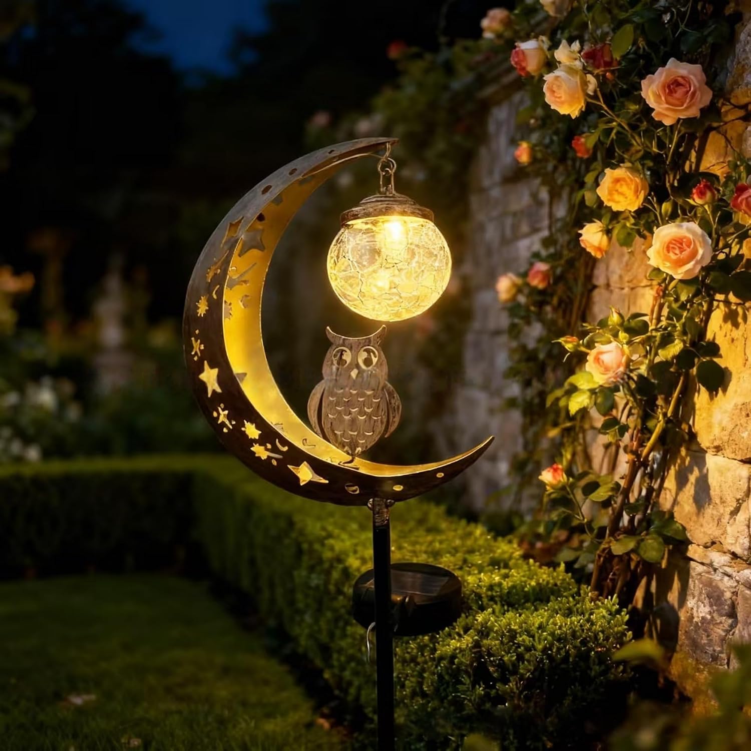 🌙 Crescent Moon Hummingbird Solar Garden Stake Light | Vintage Crackle Glass Outdoor Pathway Lamp