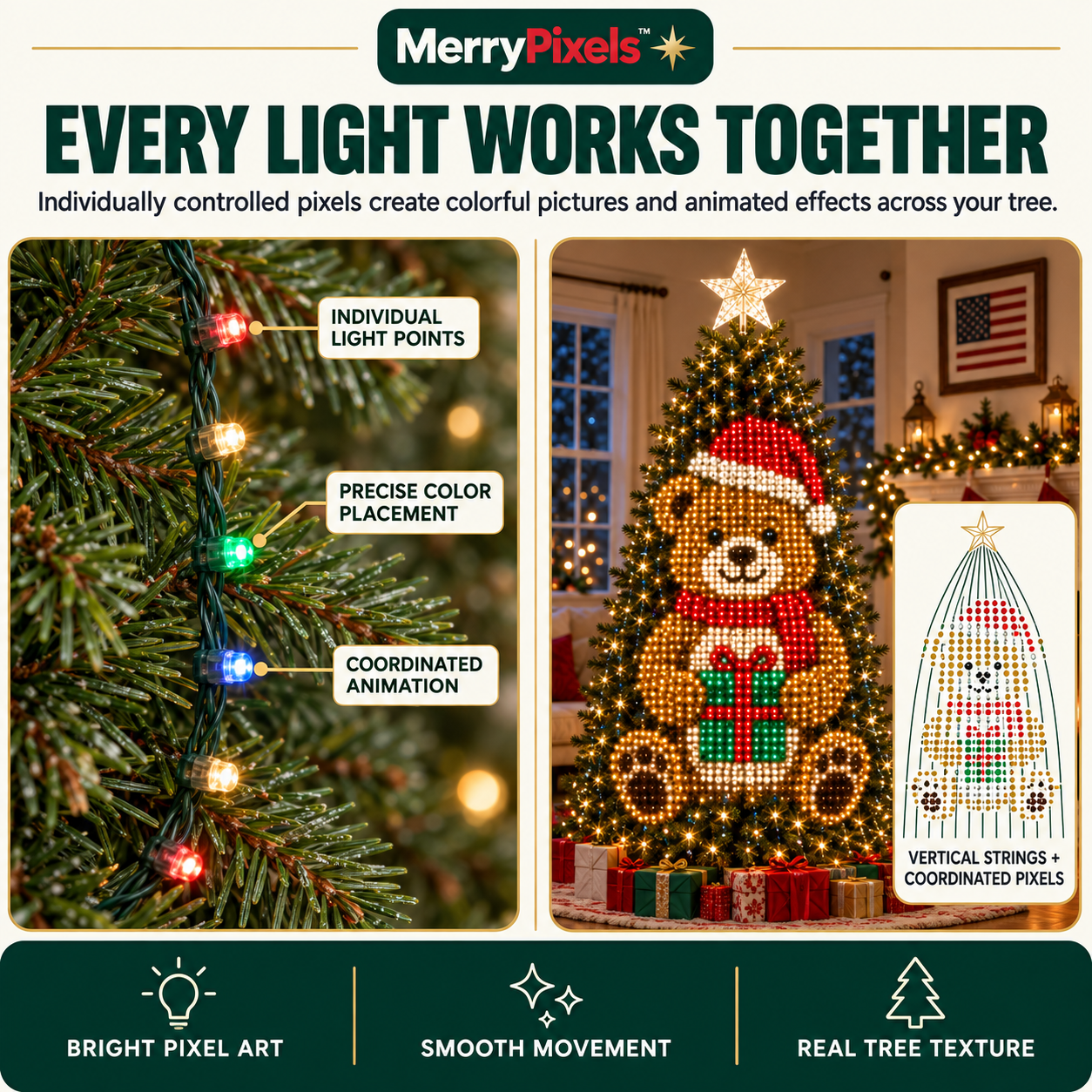 Glow Tree Smart Christmas Tree LED Lights displaying colorful pixel art
