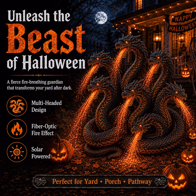 🎃 Fire-Breathing Orochi Solar Garden Light – Epic Multi-Headed Dragon Halloween Decor