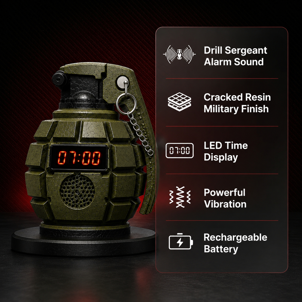 💣 Tactical Grenade Shaped Rechargeable Alarm Clock | Heavy-Duty Non-Snooze Wake-Up Desk Decor