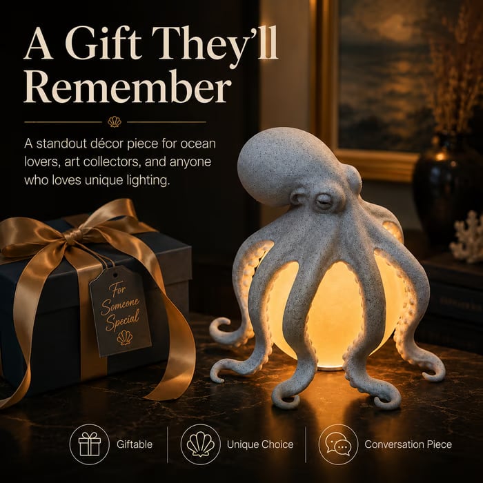 🐙 Textured Octopus Sculpture Table Lamp | Coastal Ocean Themed Warm Glow Accent Night Light