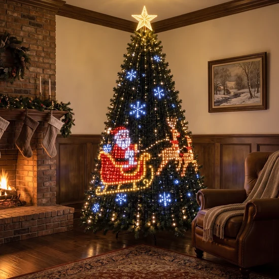 Pixel Christmas tree light strands creating Santa and reindeer animations