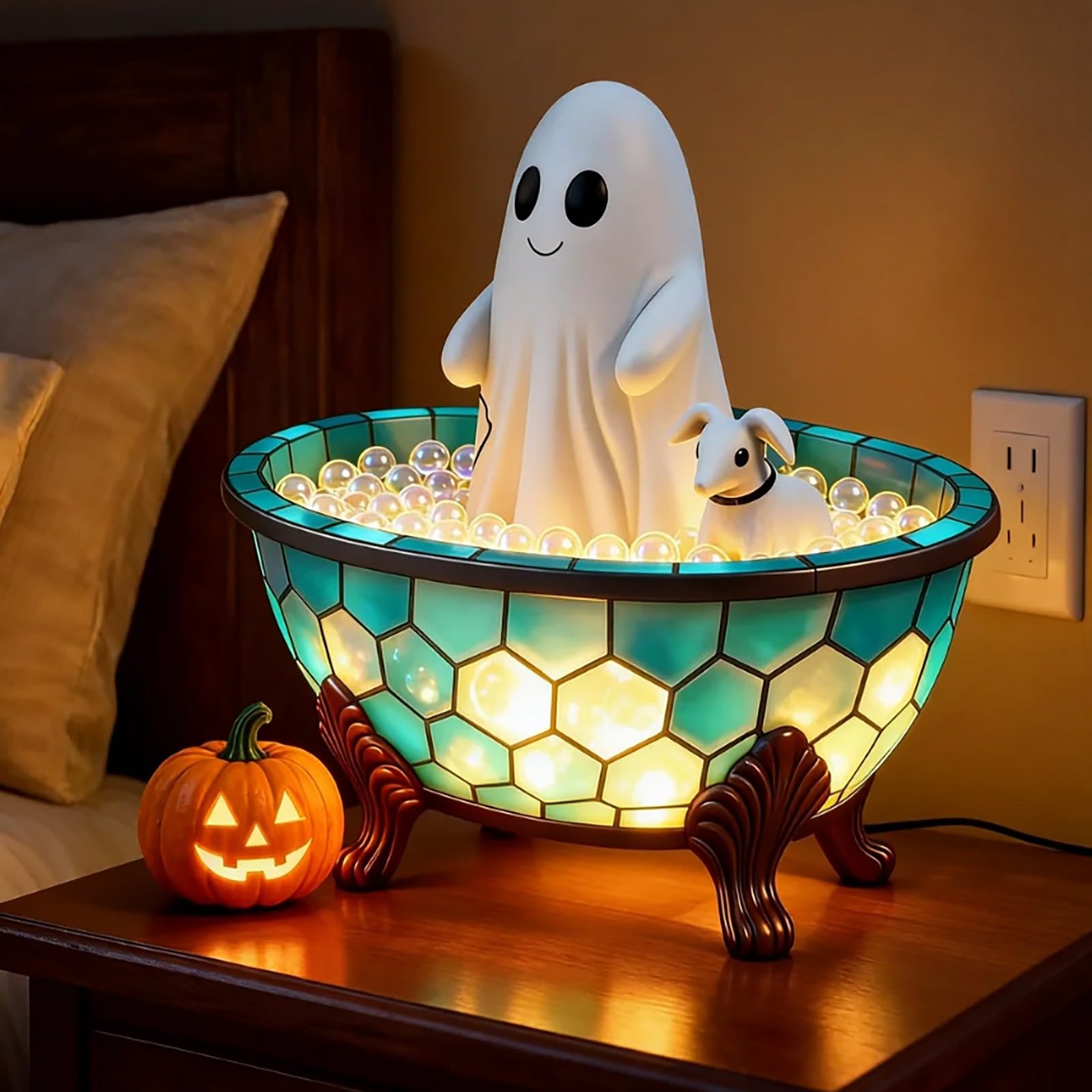 👻 Cute Ghost Bubble Bath Stained Glass Table Lamp | Halloween Spooky Warm LED Night Light