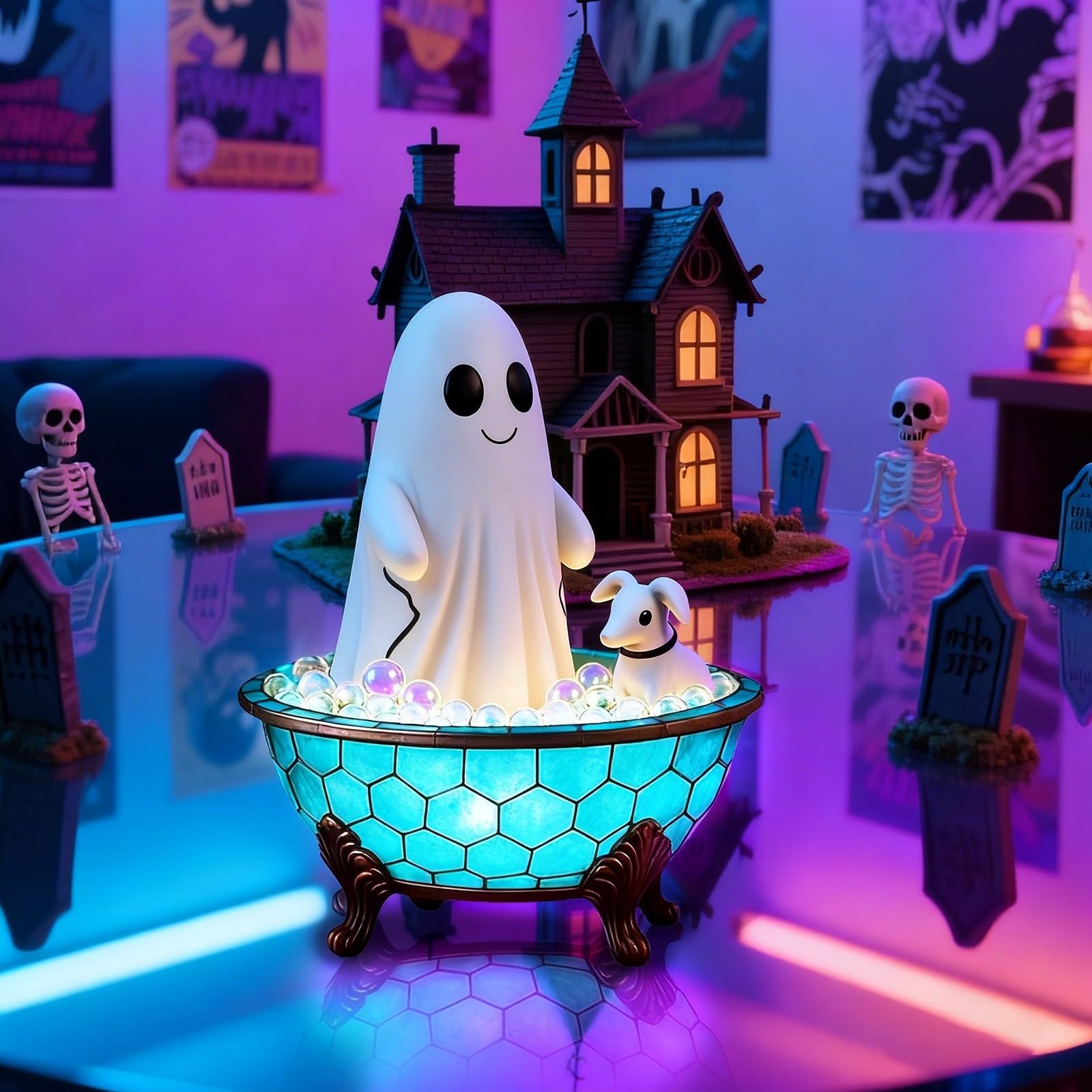 👻 Cute Ghost Bubble Bath Stained Glass Table Lamp | Halloween Spooky Warm LED Night Light