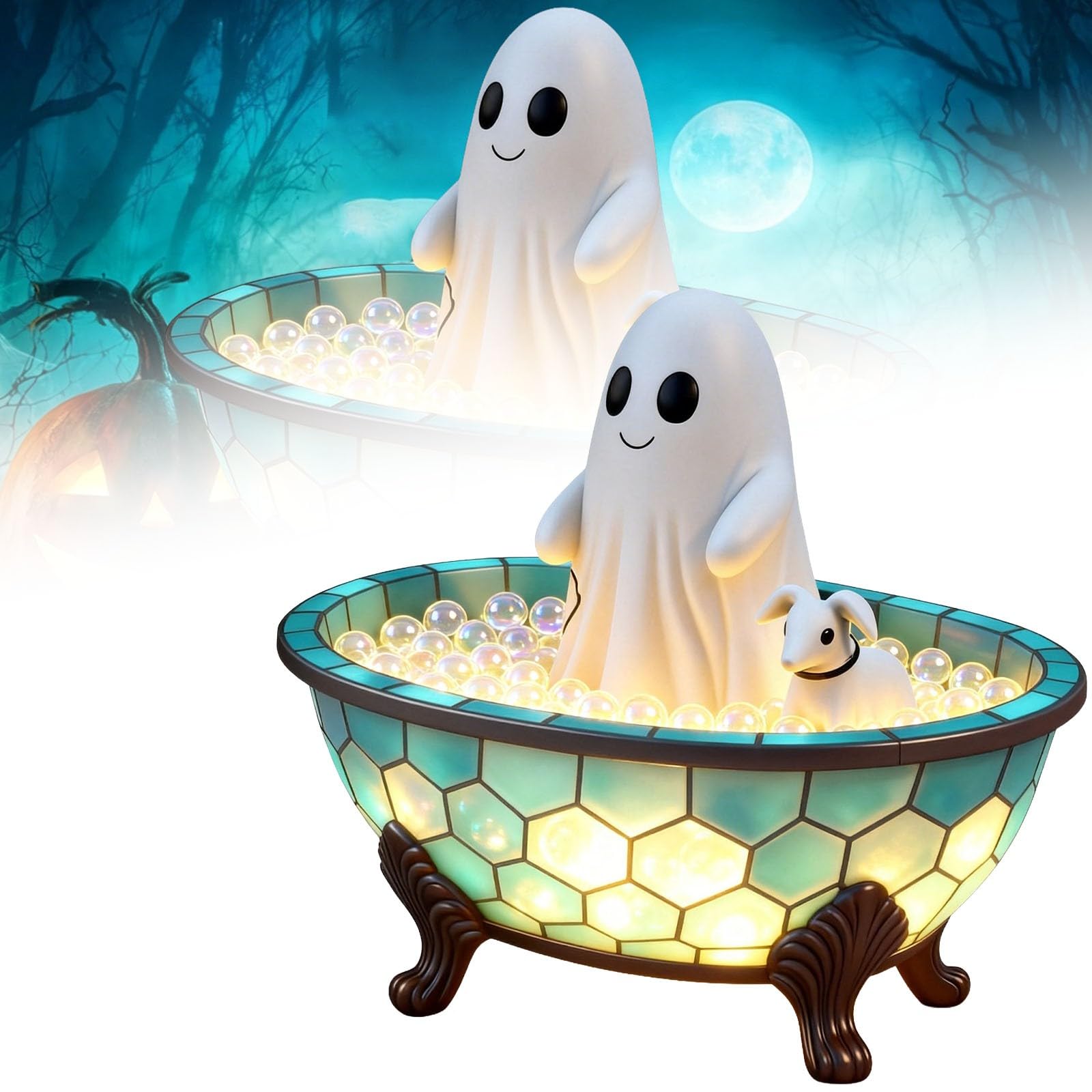 👻 Cute Ghost Bubble Bath Stained Glass Table Lamp | Halloween Spooky Warm LED Night Light