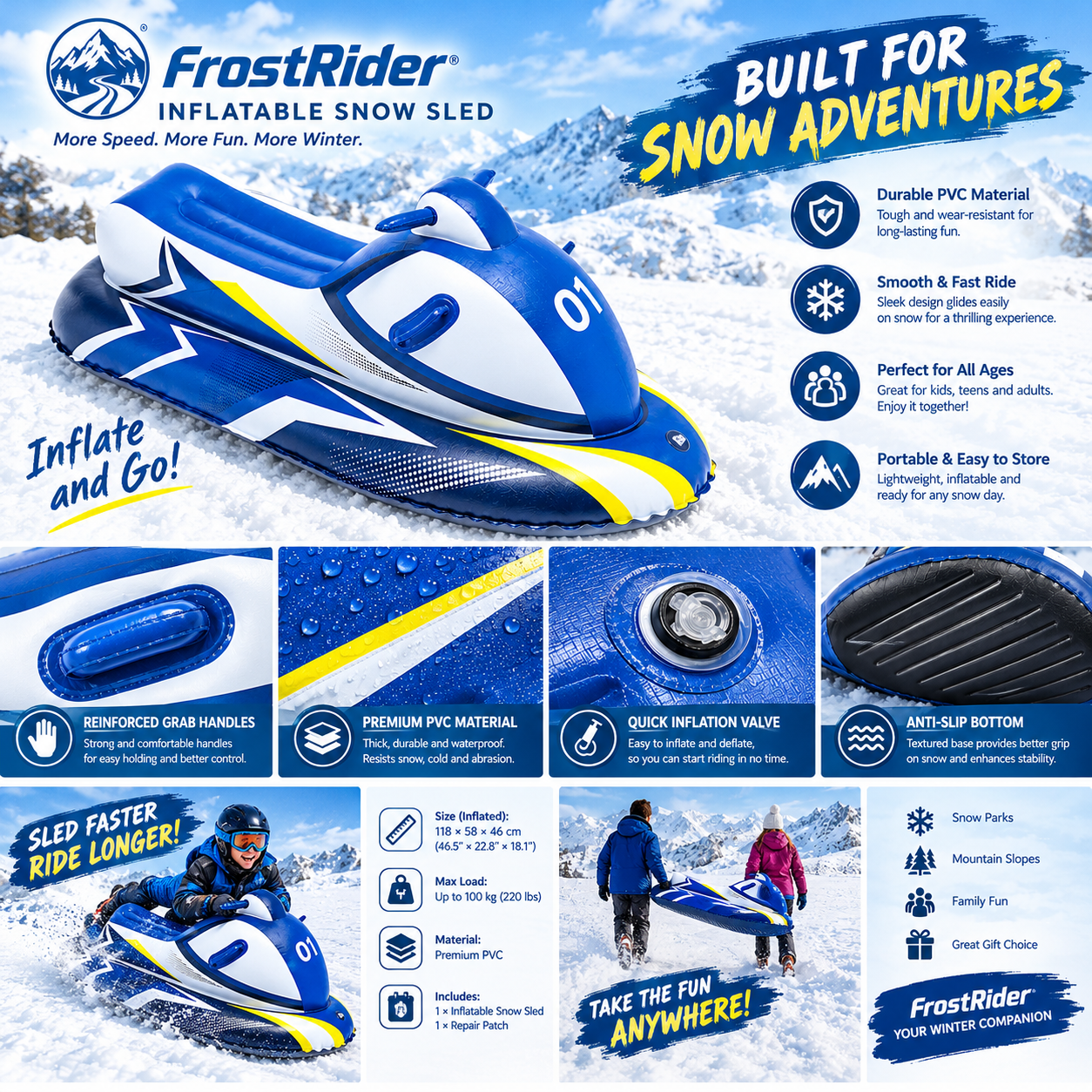 ❄️ FrostRider Inflatable Snowmobile Snow Sled