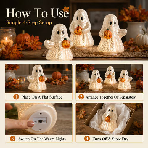 Lighted Halloween Ghost Figurine Set - Buy 1 Set (3 Pack)