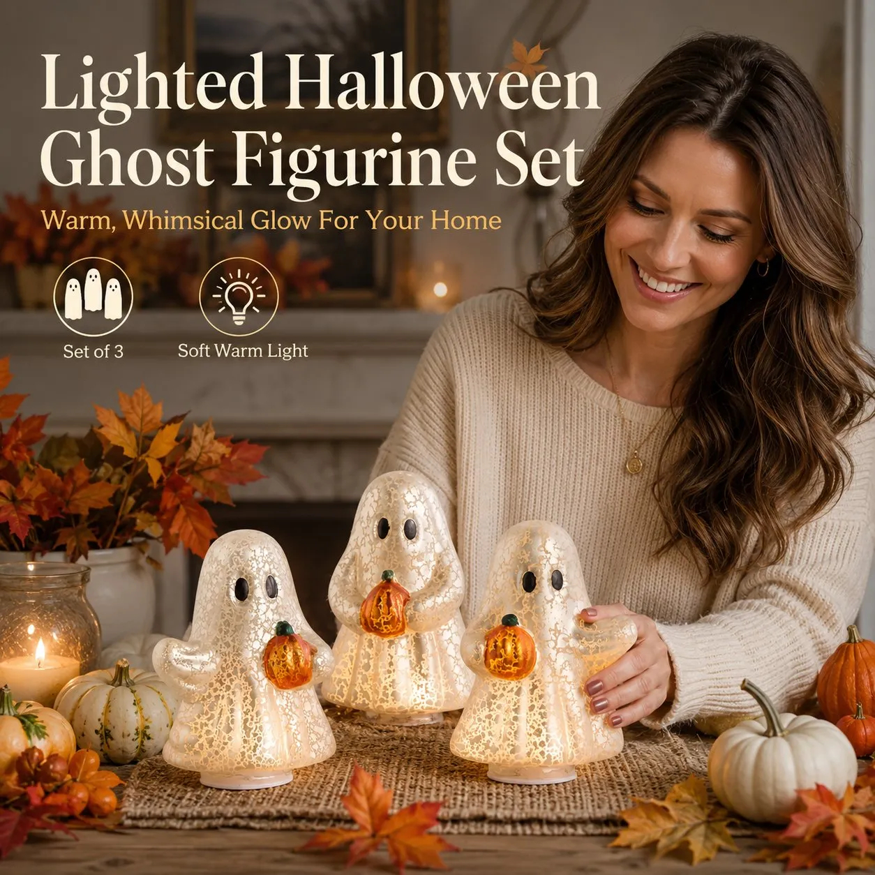 Lighted Halloween Ghost Figurine Set - Buy 1 Set (3 Pack)