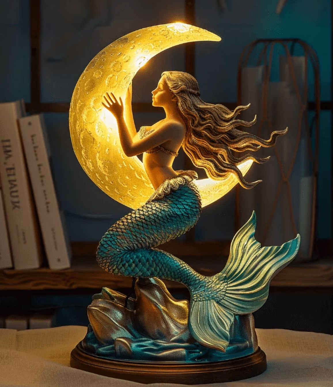 🧜‍♀️ Mermaid Crescent Moon Table Lamp | Fantasy Ocean Mermaid Sculpture Warm Glow Night Light