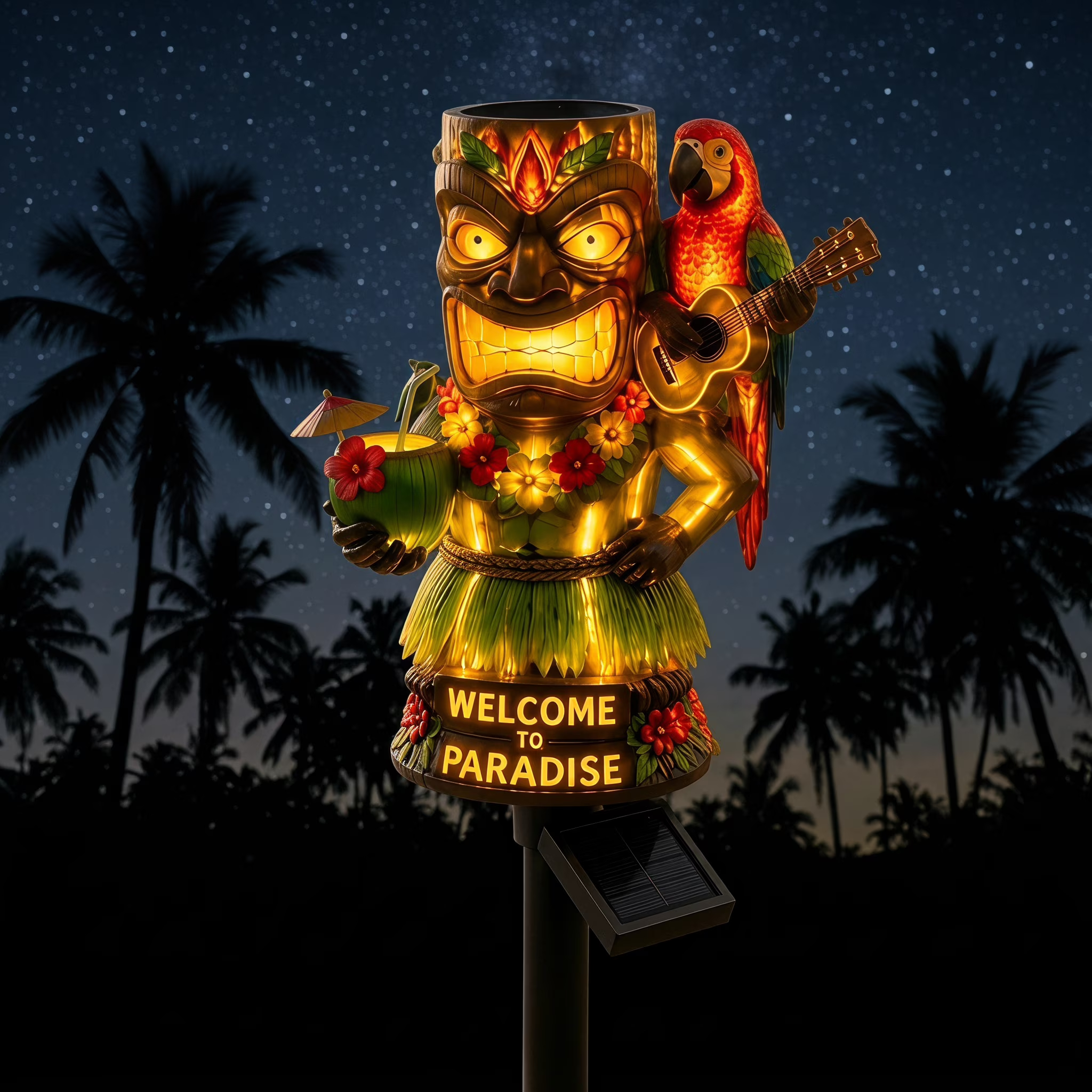 🦜🌴 Tiki Statue Parrot Solar Garden Stake Light | Tropical Hawaiian Paradise Outdoor Landscape Lamp