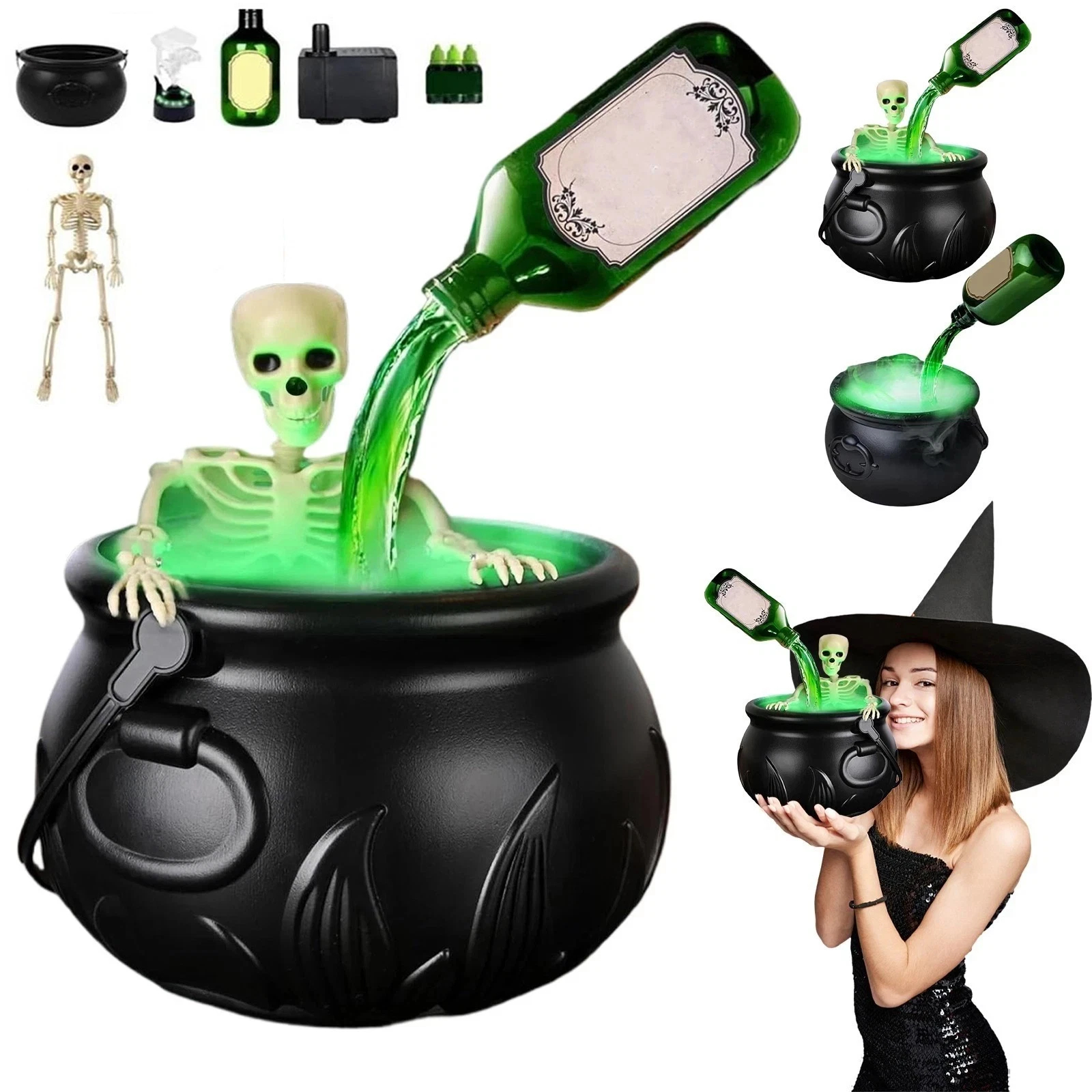 💀 Halloween Skeleton Witch Cauldron Mist Maker | Spooky Potion Fog Tabletop Decor