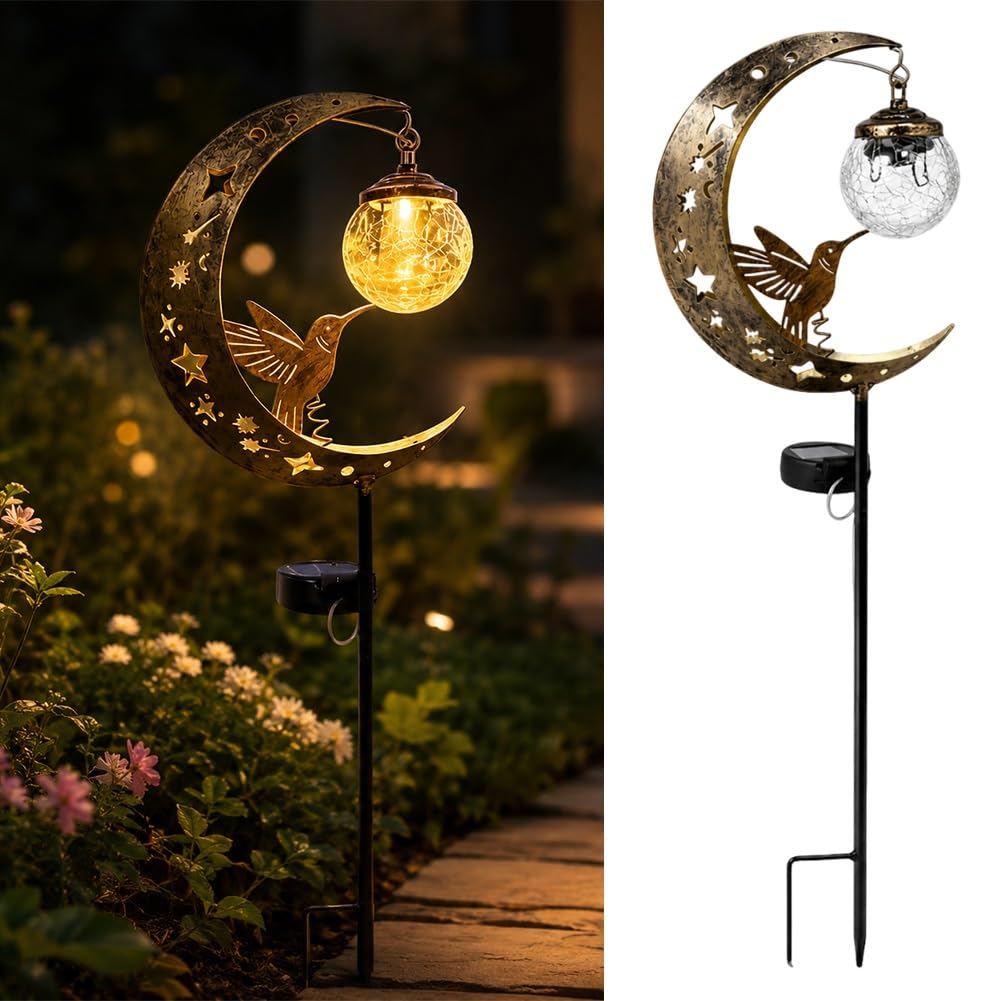 🌙 Crescent Moon Hummingbird Solar Garden Stake Light | Vintage Crackle Glass Outdoor Pathway Lamp