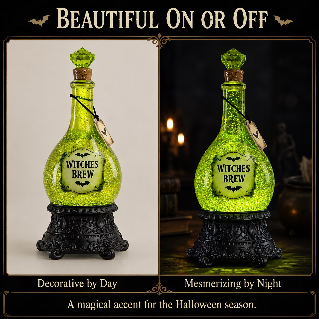 🧪 Witches Brew Glitter Potion Bottle LED Lamp | Vintage Halloween Tabletop Decor Light