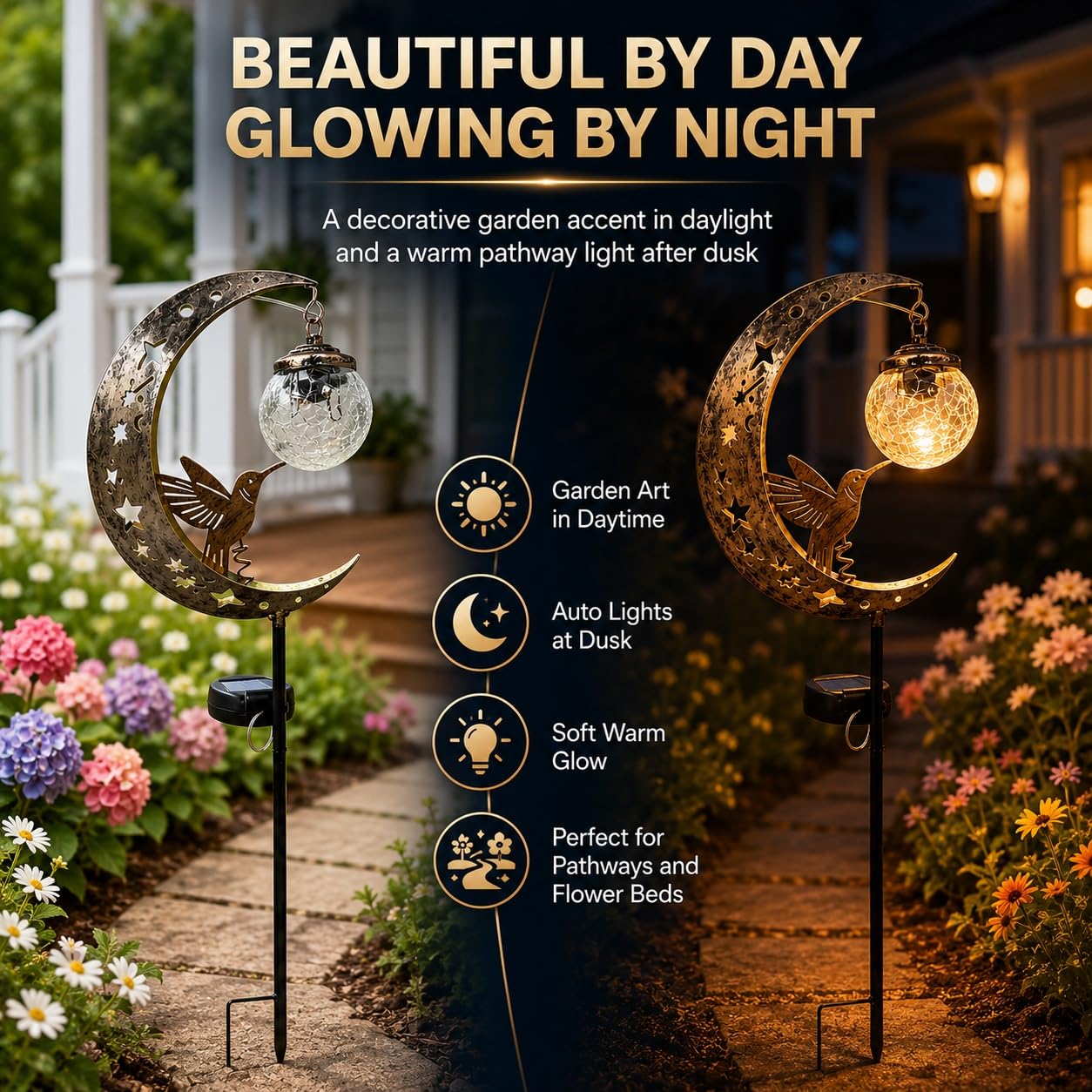 🌙 Crescent Moon Hummingbird Solar Garden Stake Light | Vintage Crackle Glass Outdoor Pathway Lamp