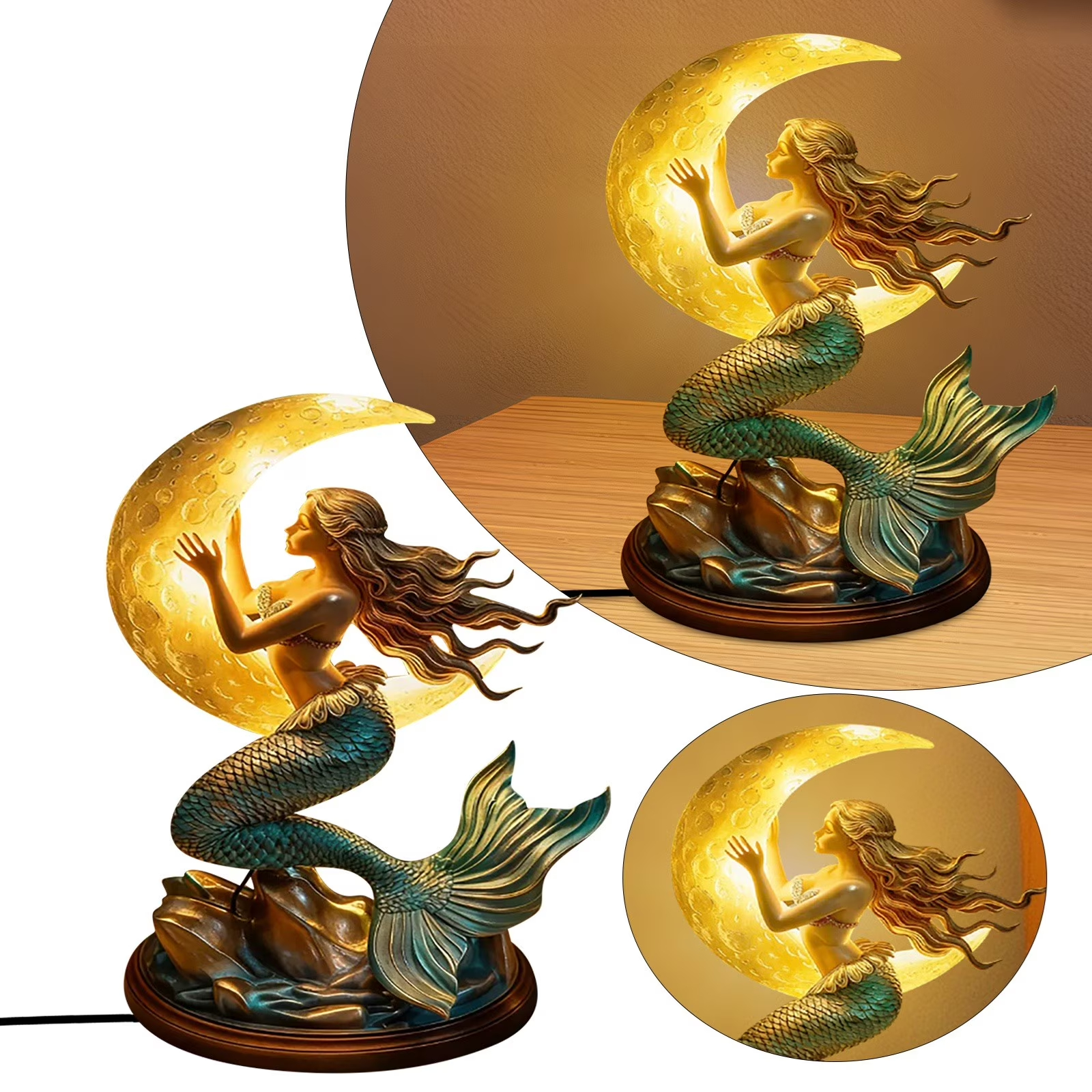 🧜‍♀️ Mermaid Crescent Moon Table Lamp | Fantasy Ocean Mermaid Sculpture Warm Glow Night Light