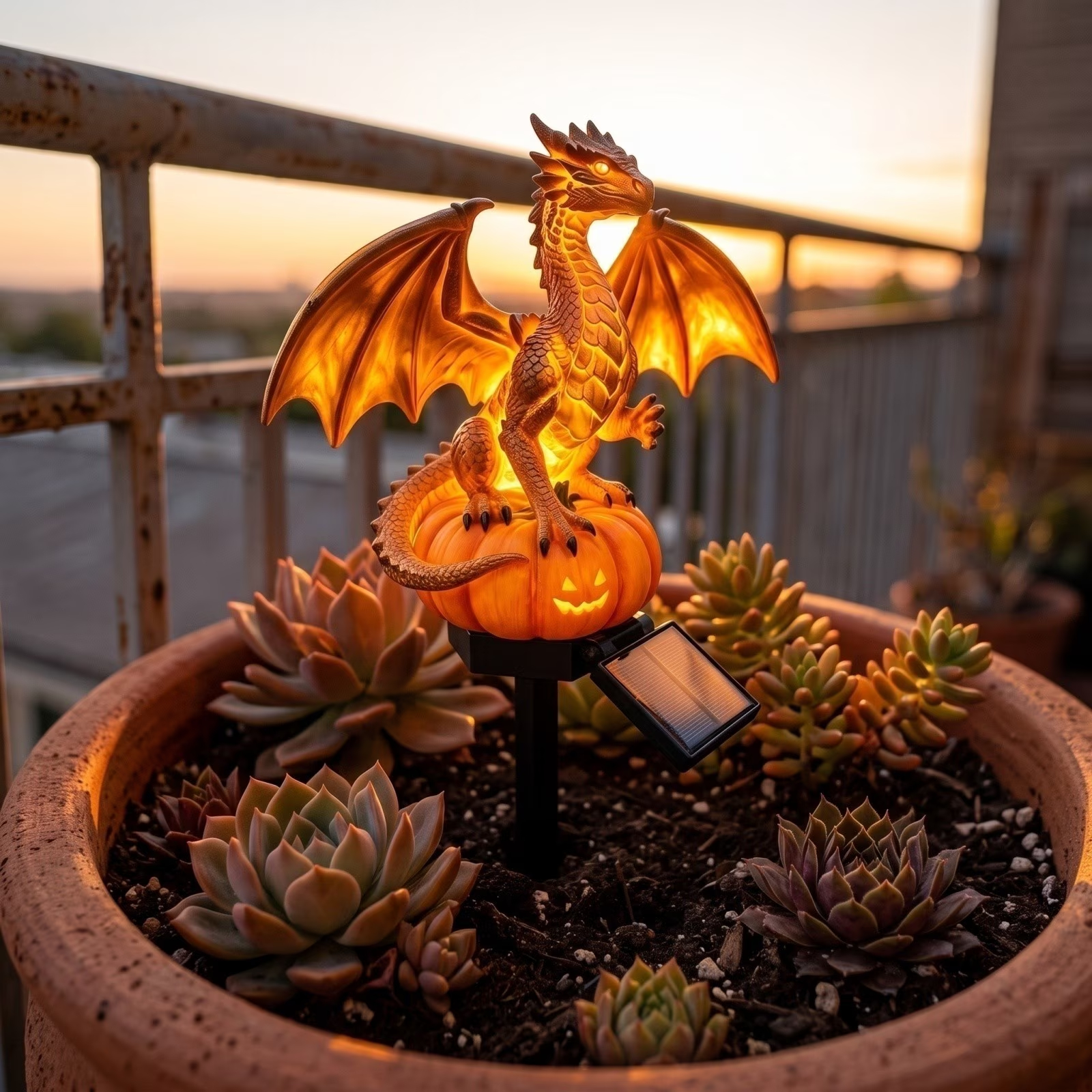🐉 ⭐ Dragon On Pumpkin Solar Garden Stake Light | Fantasy Halloween Outdoor Landscape Lamp