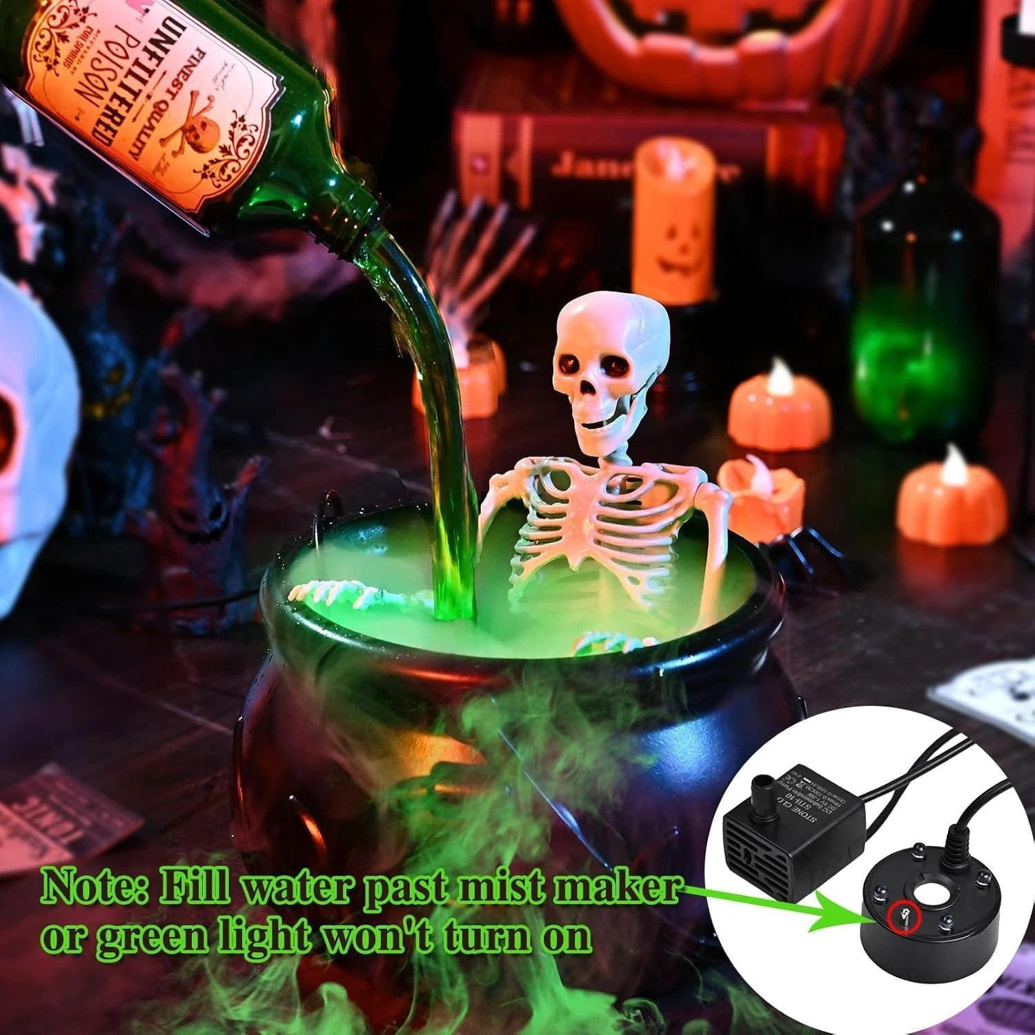 💀 Halloween Skeleton Witch Cauldron Mist Maker | Spooky Potion Fog Tabletop Decor