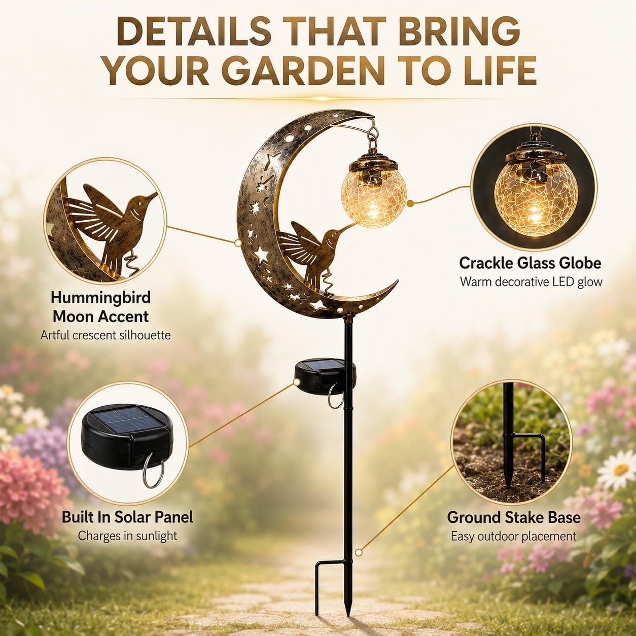 🌙 Crescent Moon Hummingbird Solar Garden Stake Light | Vintage Crackle Glass Outdoor Pathway Lamp