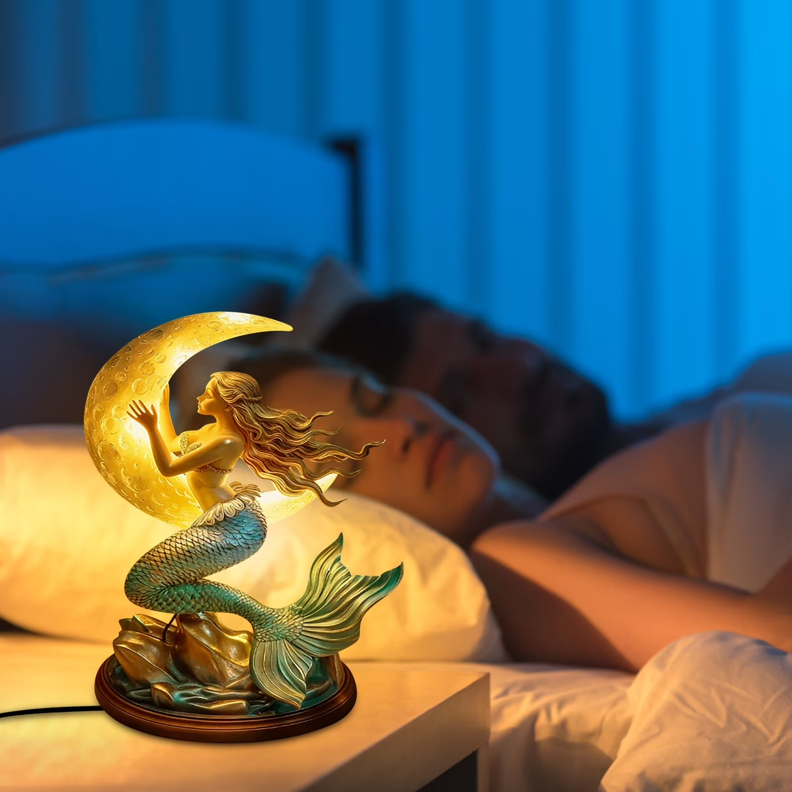 🧜‍♀️ Mermaid Crescent Moon Table Lamp | Fantasy Ocean Mermaid Sculpture Warm Glow Night Light