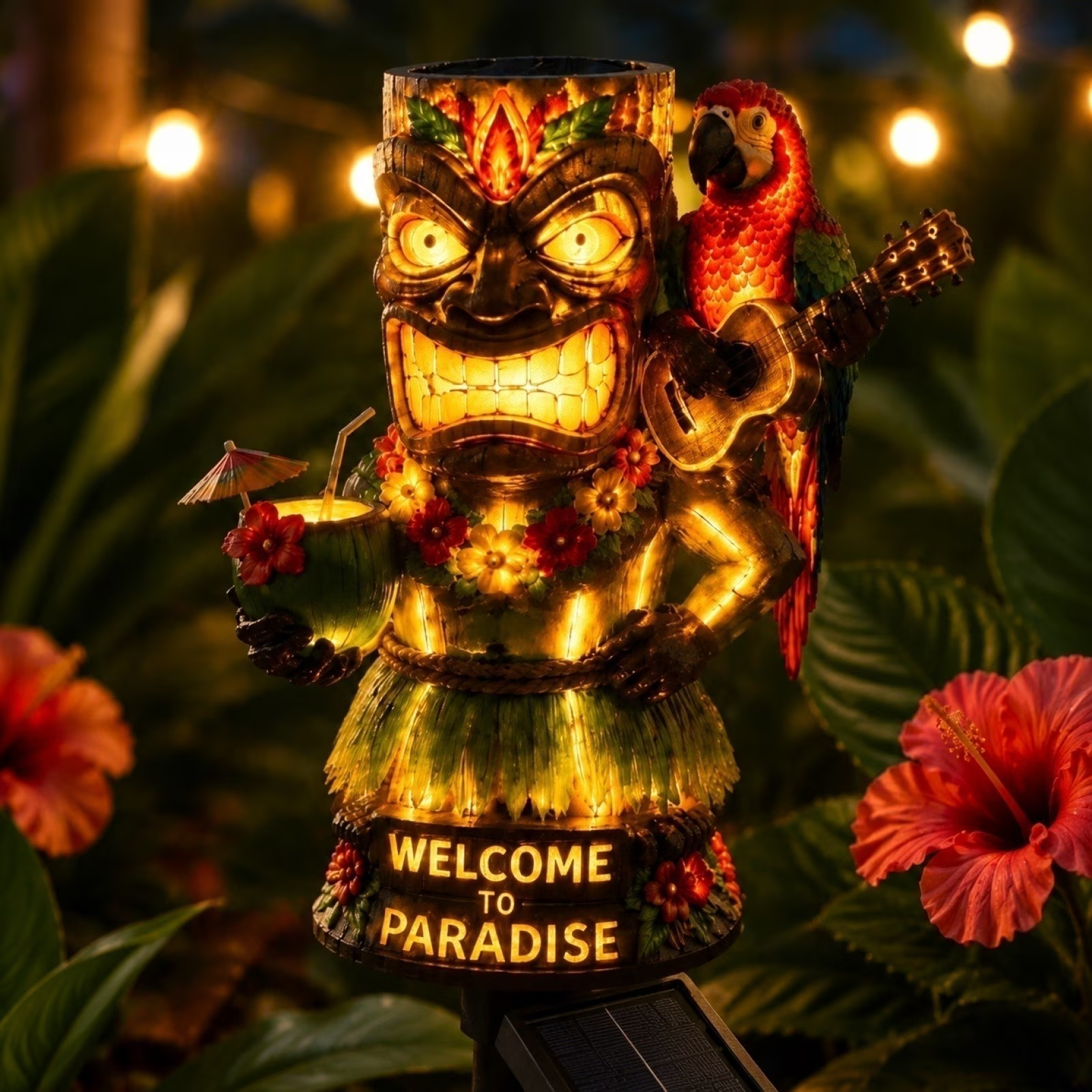 🦜🌴 Tiki Statue Parrot Solar Garden Stake Light | Tropical Hawaiian Paradise Outdoor Landscape Lamp