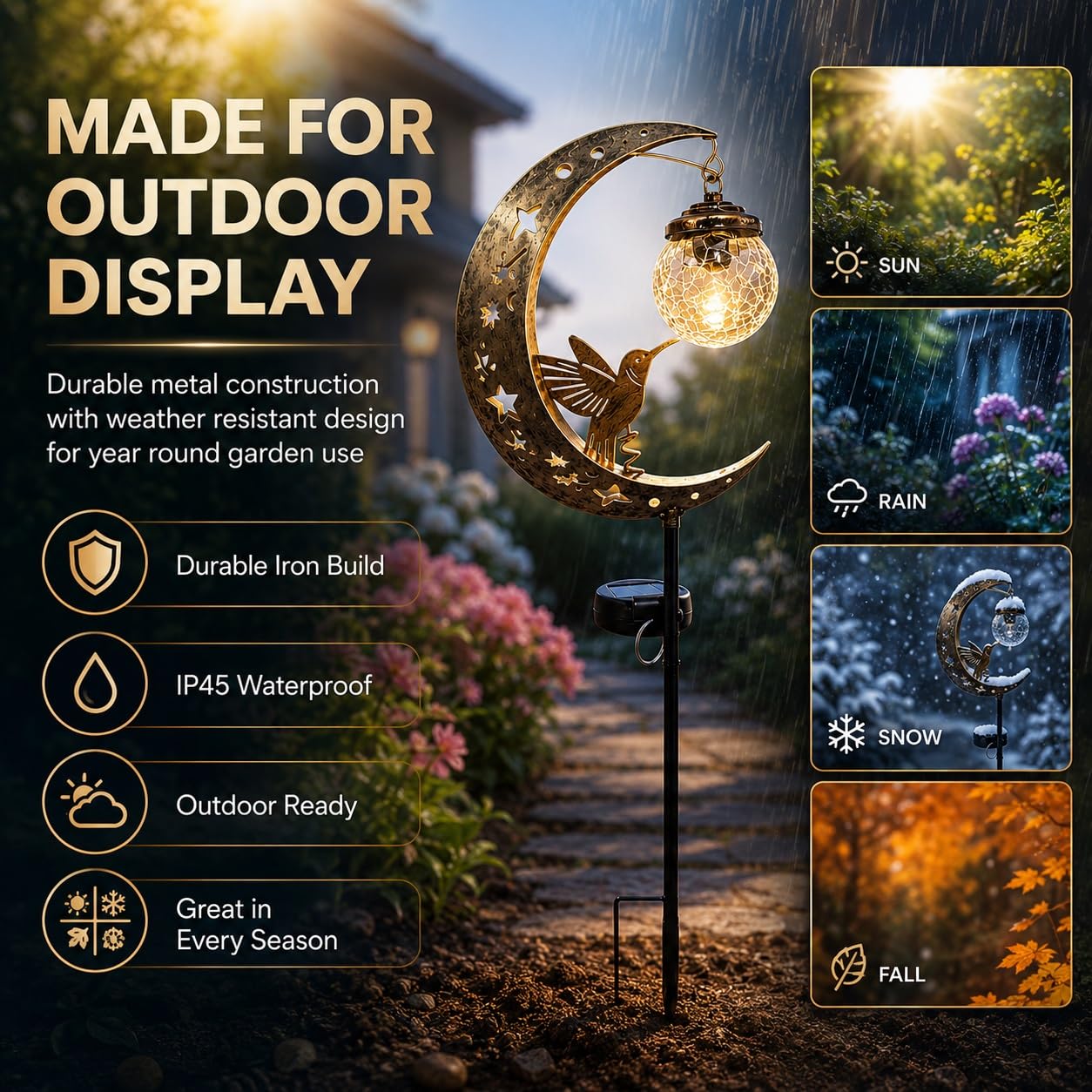 🌙 Crescent Moon Hummingbird Solar Garden Stake Light | Vintage Crackle Glass Outdoor Pathway Lamp