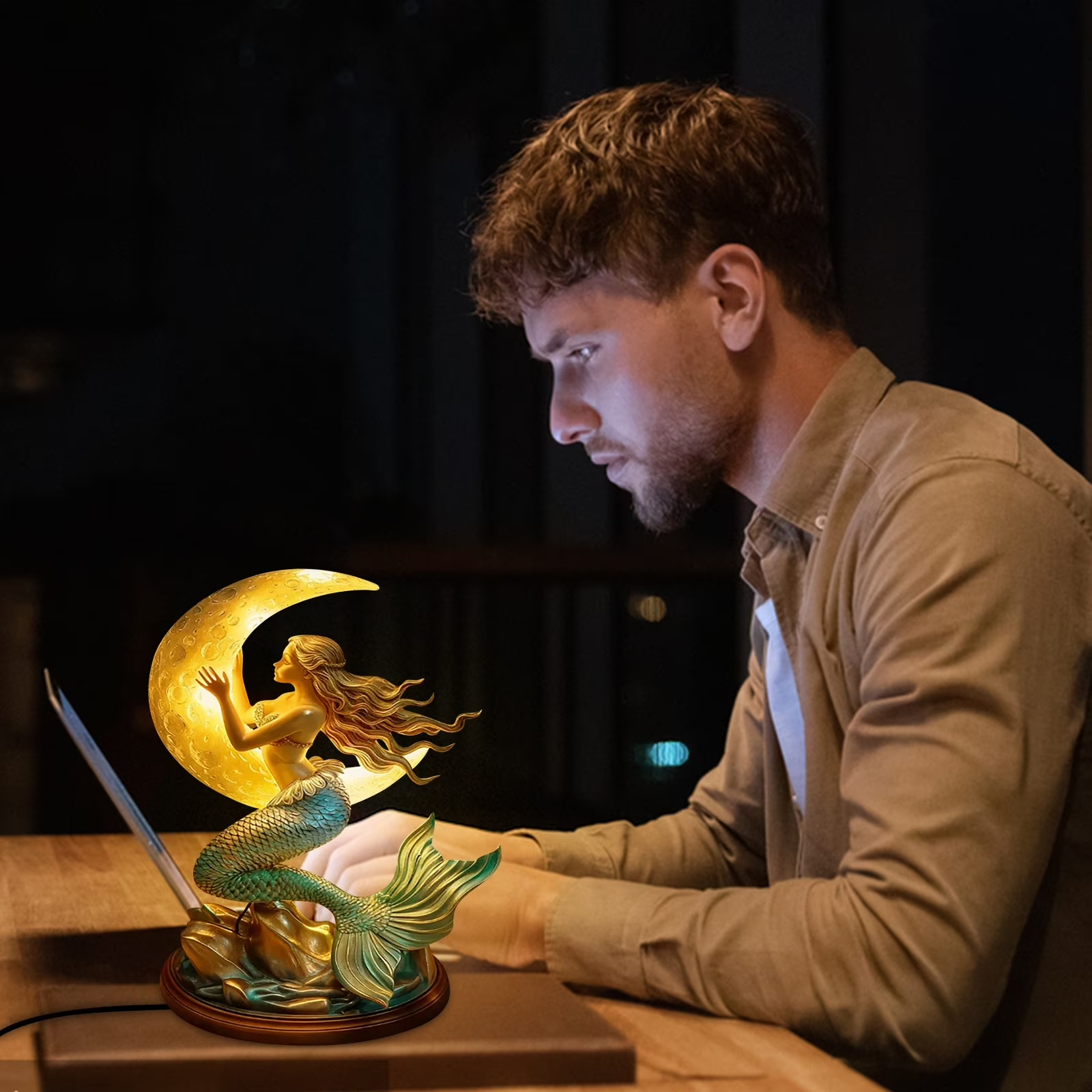🧜‍♀️ Mermaid Crescent Moon Table Lamp | Fantasy Ocean Mermaid Sculpture Warm Glow Night Light