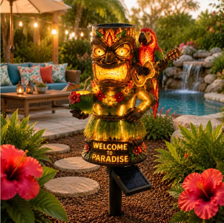 🦜🌴 Tiki Statue Parrot Solar Garden Stake Light | Tropical Hawaiian Paradise Outdoor Landscape Lamp
