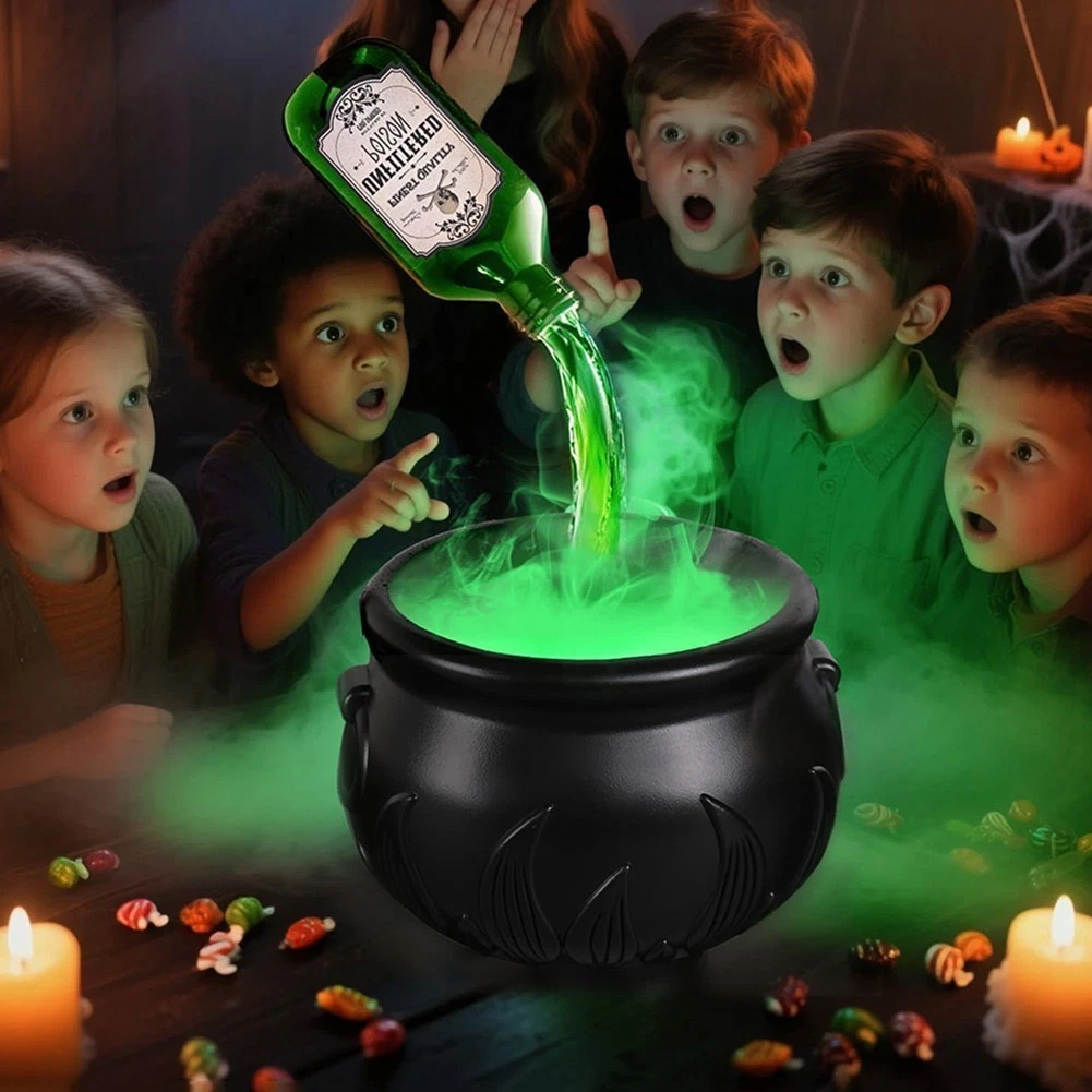 💀 Halloween Skeleton Witch Cauldron Mist Maker | Spooky Potion Fog Tabletop Decor