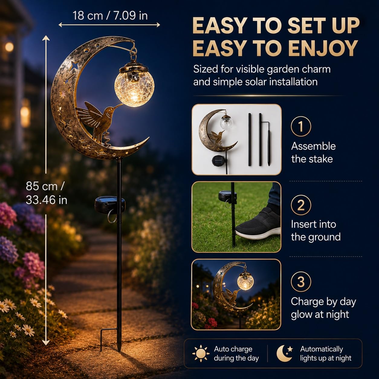 🌙 Crescent Moon Hummingbird Solar Garden Stake Light | Vintage Crackle Glass Outdoor Pathway Lamp