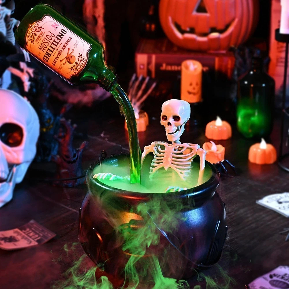 💀 Halloween Skeleton Witch Cauldron Mist Maker | Spooky Potion Fog Tabletop Decor