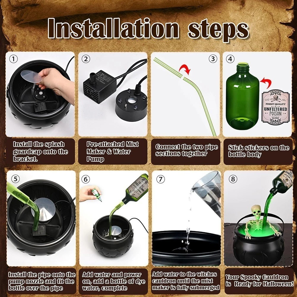💀 Halloween Skeleton Witch Cauldron Mist Maker | Spooky Potion Fog Tabletop Decor