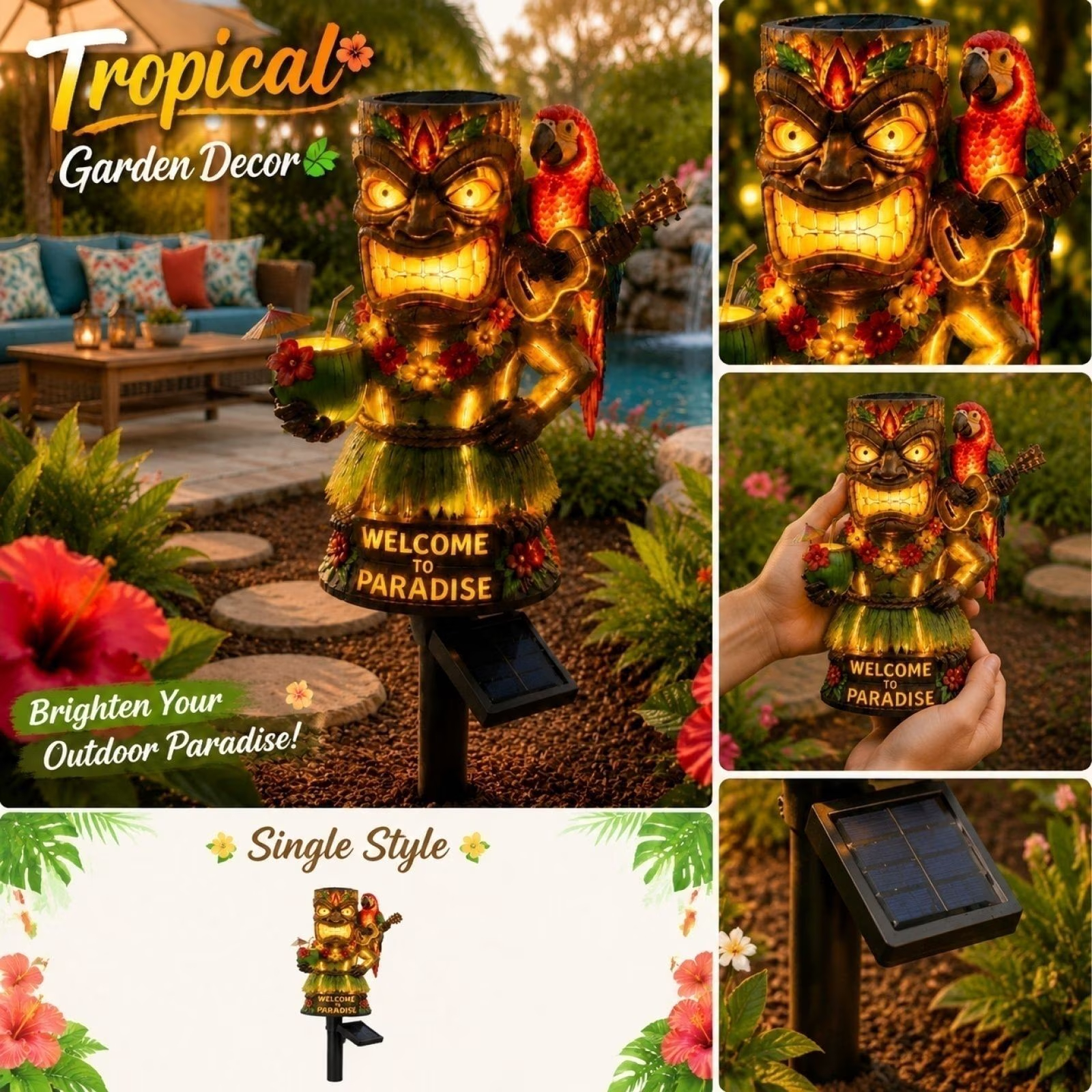 🦜🌴 Tiki Statue Parrot Solar Garden Stake Light | Tropical Hawaiian Paradise Outdoor Landscape Lamp