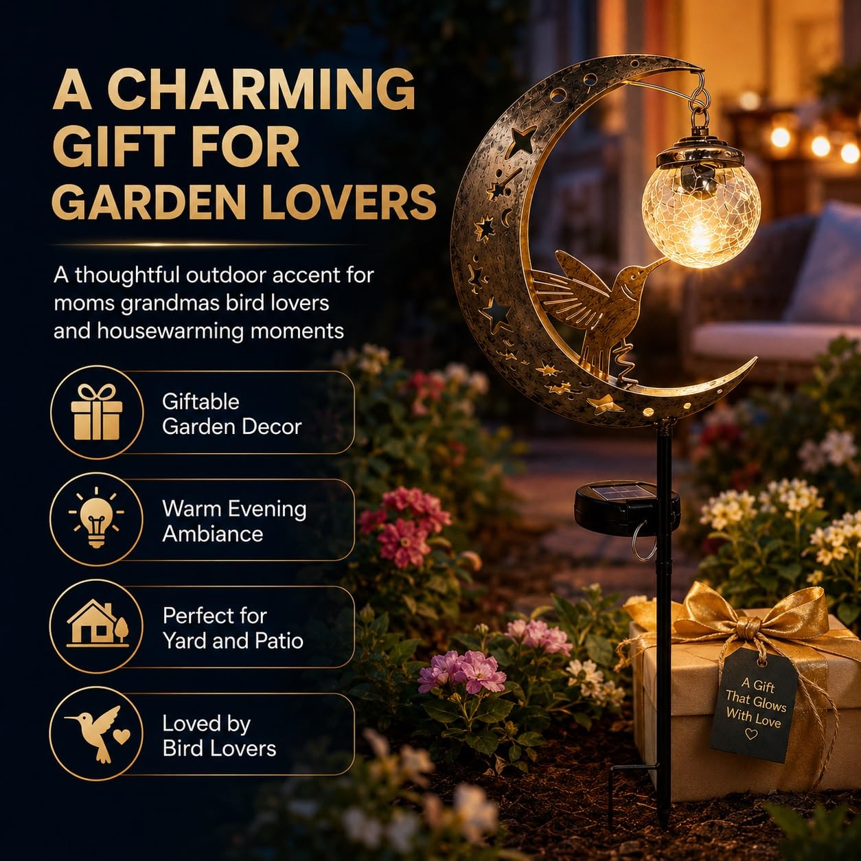 🌙 Crescent Moon Hummingbird Solar Garden Stake Light | Vintage Crackle Glass Outdoor Pathway Lamp