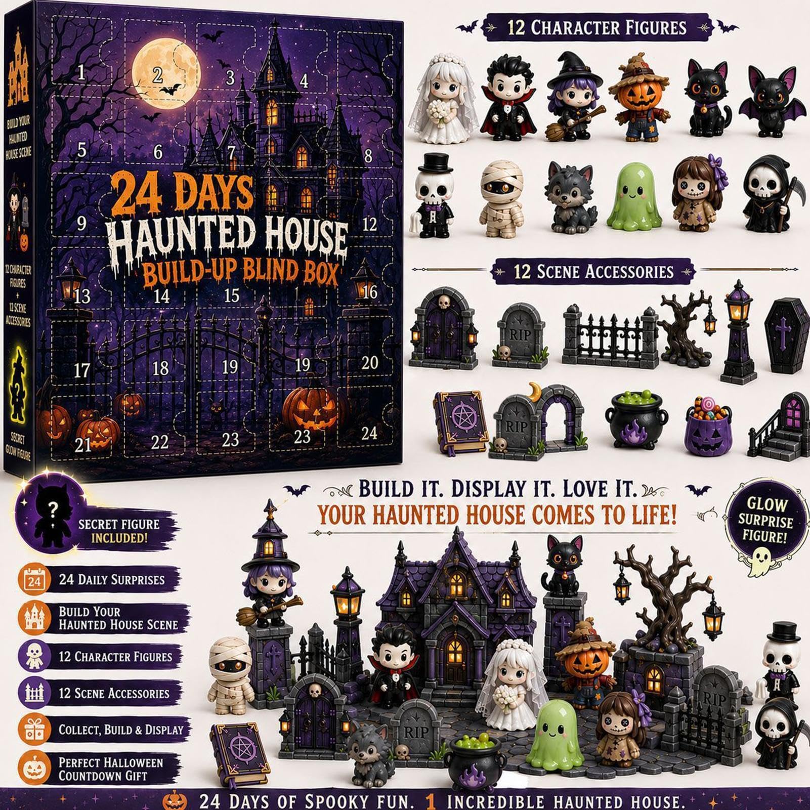 👻 24 Days Haunted House Build-Up Advent Calendar | Halloween Countdown Blind Box Mini Figurine Set