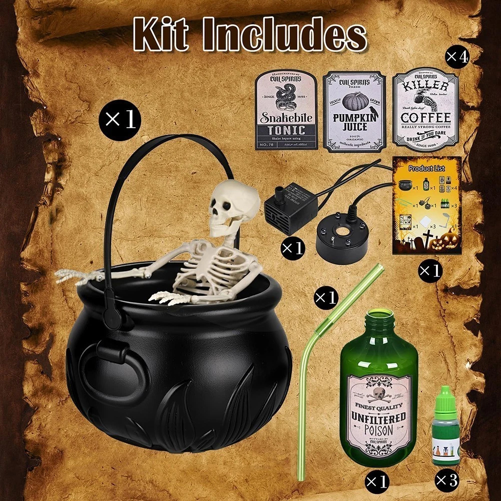 💀 Halloween Skeleton Witch Cauldron Mist Maker | Spooky Potion Fog Tabletop Decor