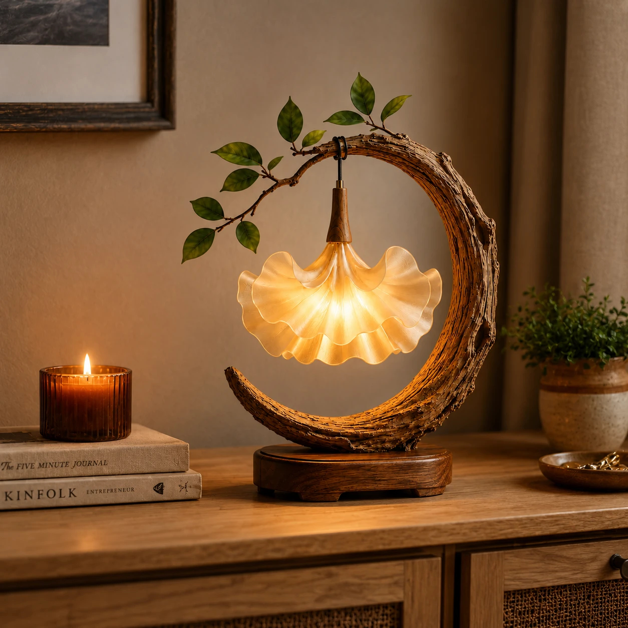 🌙 ⭐ Crescent Moon Botanical Petal Table Lamp | Rustic Floral Ambient USB Night Light